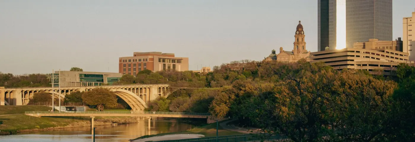 Trinity River trail and downtown Fort Worth at sunset